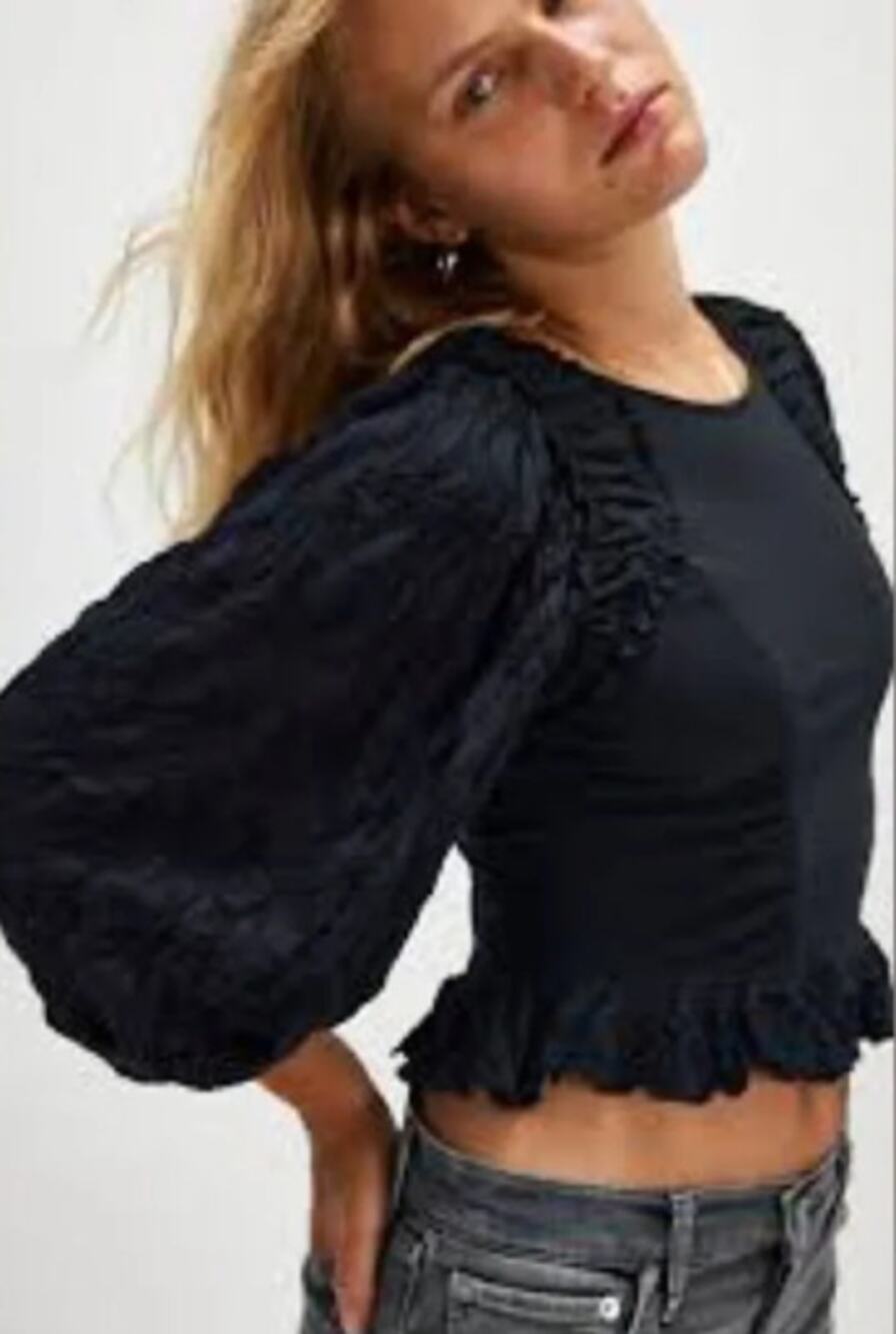 Free People Olivia Top Black Textured Balloon Puff Sleeve Ruffle Hem XL NWT